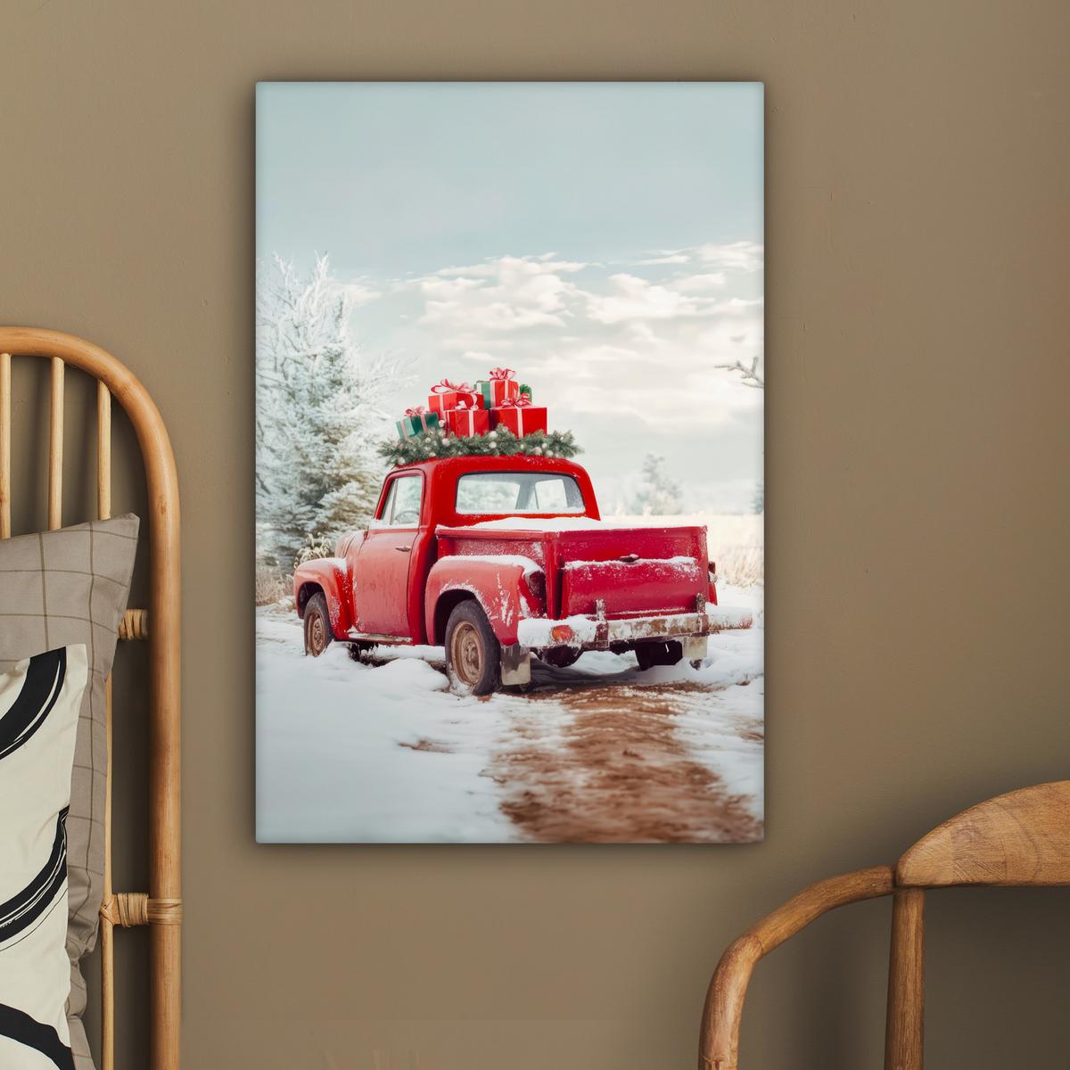 LEINWANDBILD Auto - Rot - Geschenke - Winter - Schnee - Weihnachten Wanddeko 40x60 cm - Rot, Textil (40/60cm) - MuchoWow