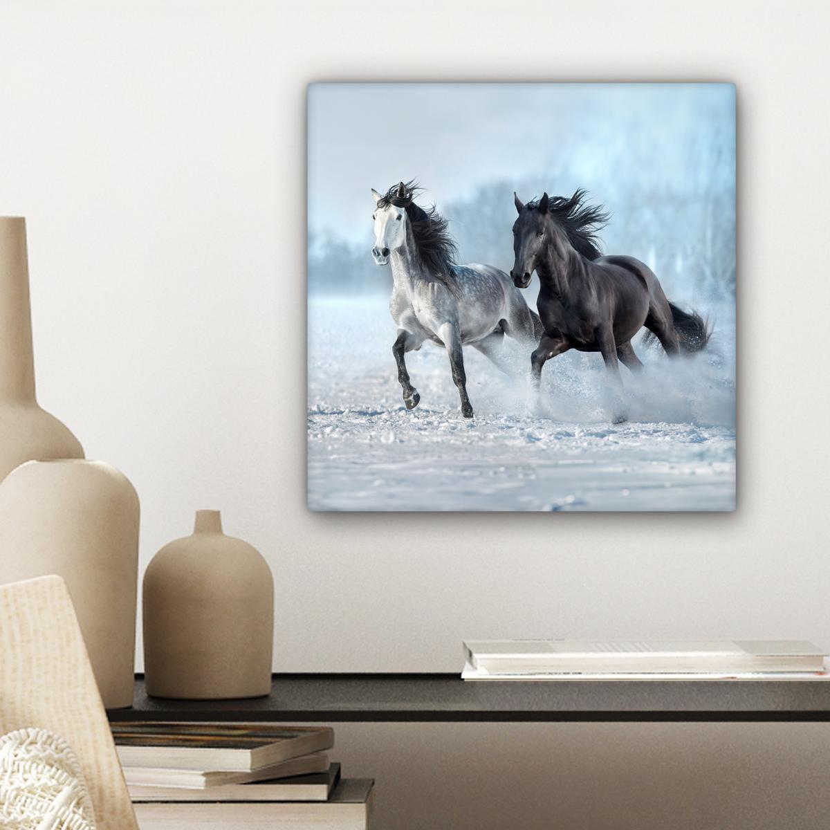 LEINWANDBILD Pferde - Winter - Tiere - Natur - Schnee Deko Wohnzimmer 20x20 cm - Anthrazit, Textil (20/20cm) - MuchoWow