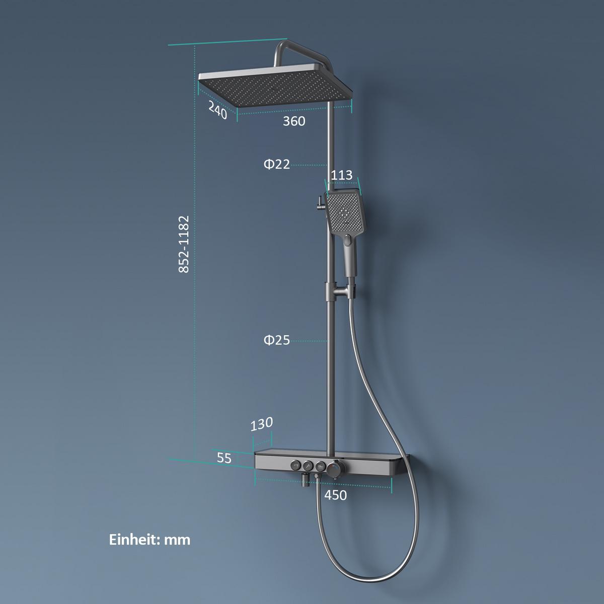 ÜBERKOPFBRAUSESET mit Drei Wasserauslassmethoden Thermostat mit Ablage Anthrazit 114,6/45/48 cm - Anthrazit, Metall (44.5/127/45cm) - EMKE