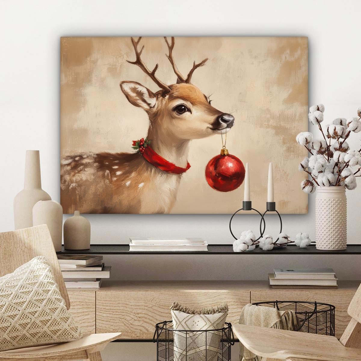 LEINWANDBILD Weihnachten - Hirsch - Geweih - Weihnachtskugel - Rentier Wandbilder 80x60 cm - Hellbraun, Textil (80/60cm) - MuchoWow