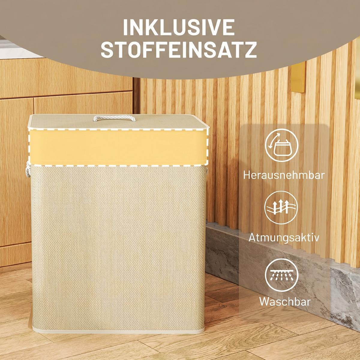 WÄSCHEKORB Bambus Cremeweiß - Hellbraun/Creme, Holz/Bambusholz (32/63/52cm) - HOMCOM