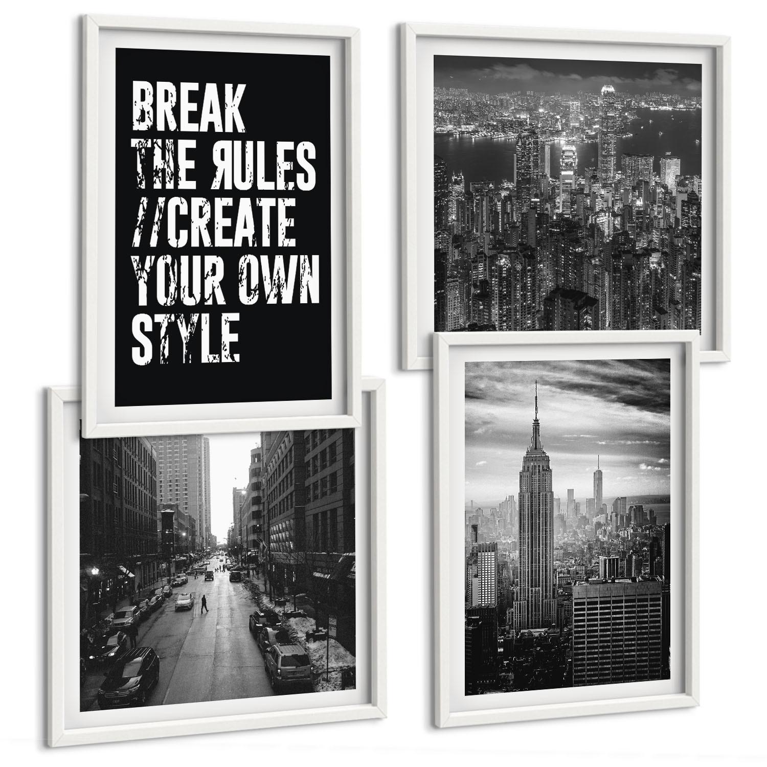 BILDER SET 4er Set - 50x50 cm & 40x60 cm Weißer Rahmen - Inspiration für Schwarz-Weiß-Darstellungen von Stadtstraßen - Weiß, Kunststoff (50/50cm) - TULUP