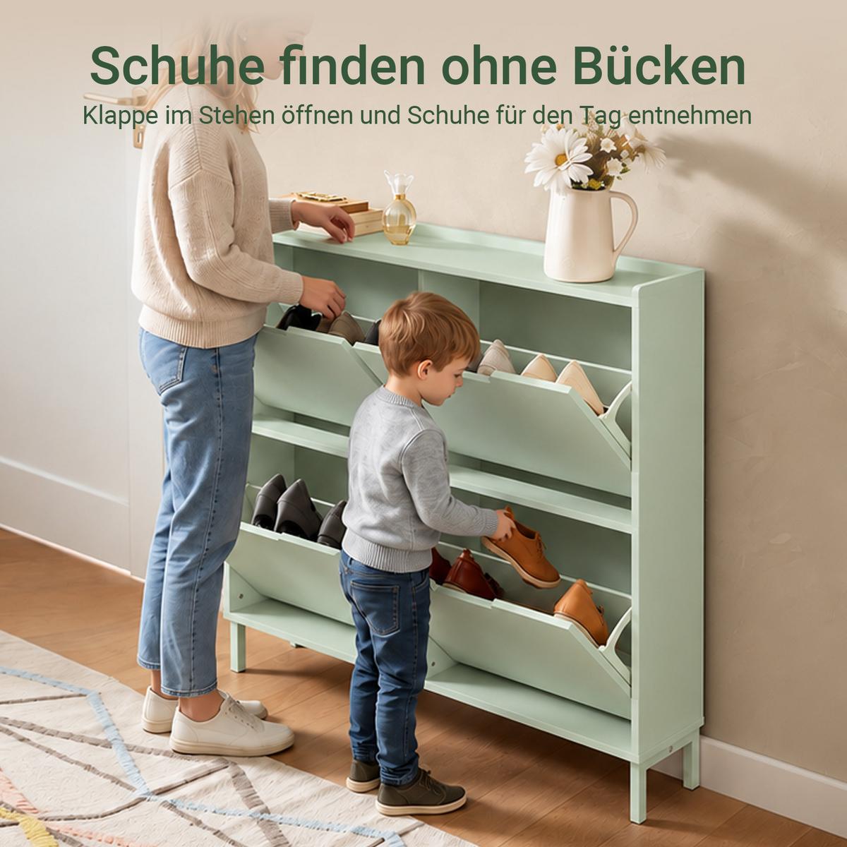 SCHUHSCHRANK grün, 100x91x19 cm, 4 Klappen für 8 Paar, nur 19 cm tief, Ablagefläche oben, für schmale Flure & hinter der Tür - Grün, Holzwerkstoff/Metall (100/91/19cm) - SoBuy
