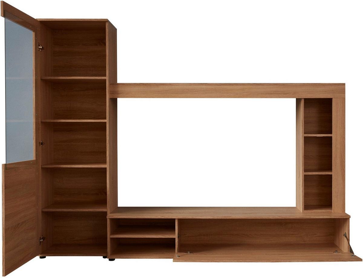 WOHNWAND Sonoma Eiche hell sägerau, weiß 240 cm, Schrankwand mit viel Stauraum - Silberfarben/Schwarz, Holzwerkstoff/Kunststoff (240/185/41cm) - Top.Furn