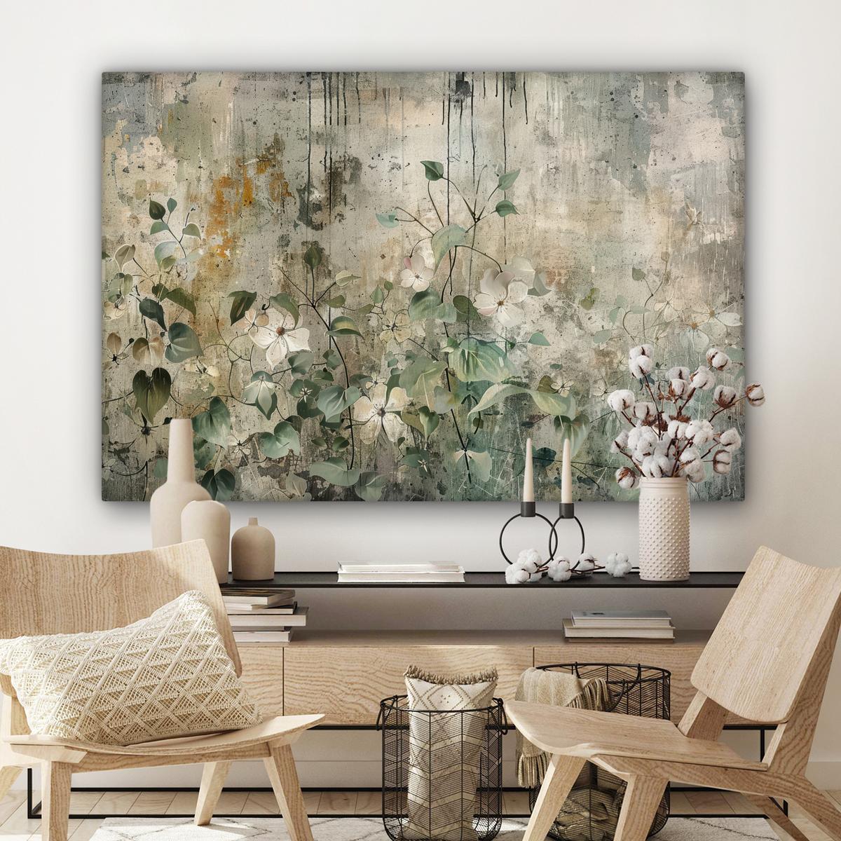 LEINWANDBILD Blumen - Blätter - Abstrakt - Modern Wohnzimmer Groß 120x80 cm - Grau, Textil (120/80cm) - MuchoWow