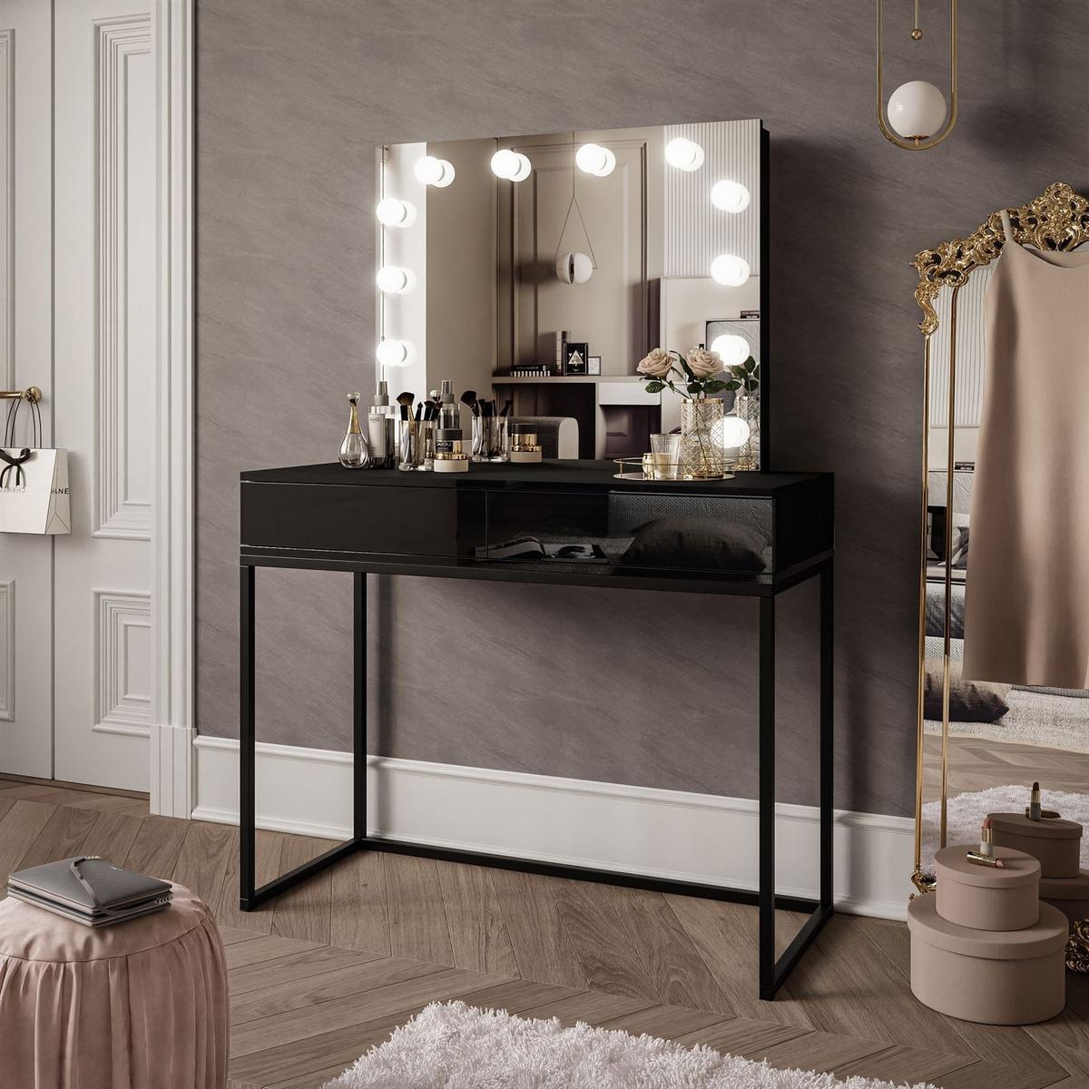 SCHMINKTISCH BLANCO LOFT ELITE mit Spiegel und Beleuchtung Schwarz Hochglanz PUSH OPEN - Schwarz Hochglanz/Schwarz, Holzwerkstoff (100/146/42cm) - Lookway