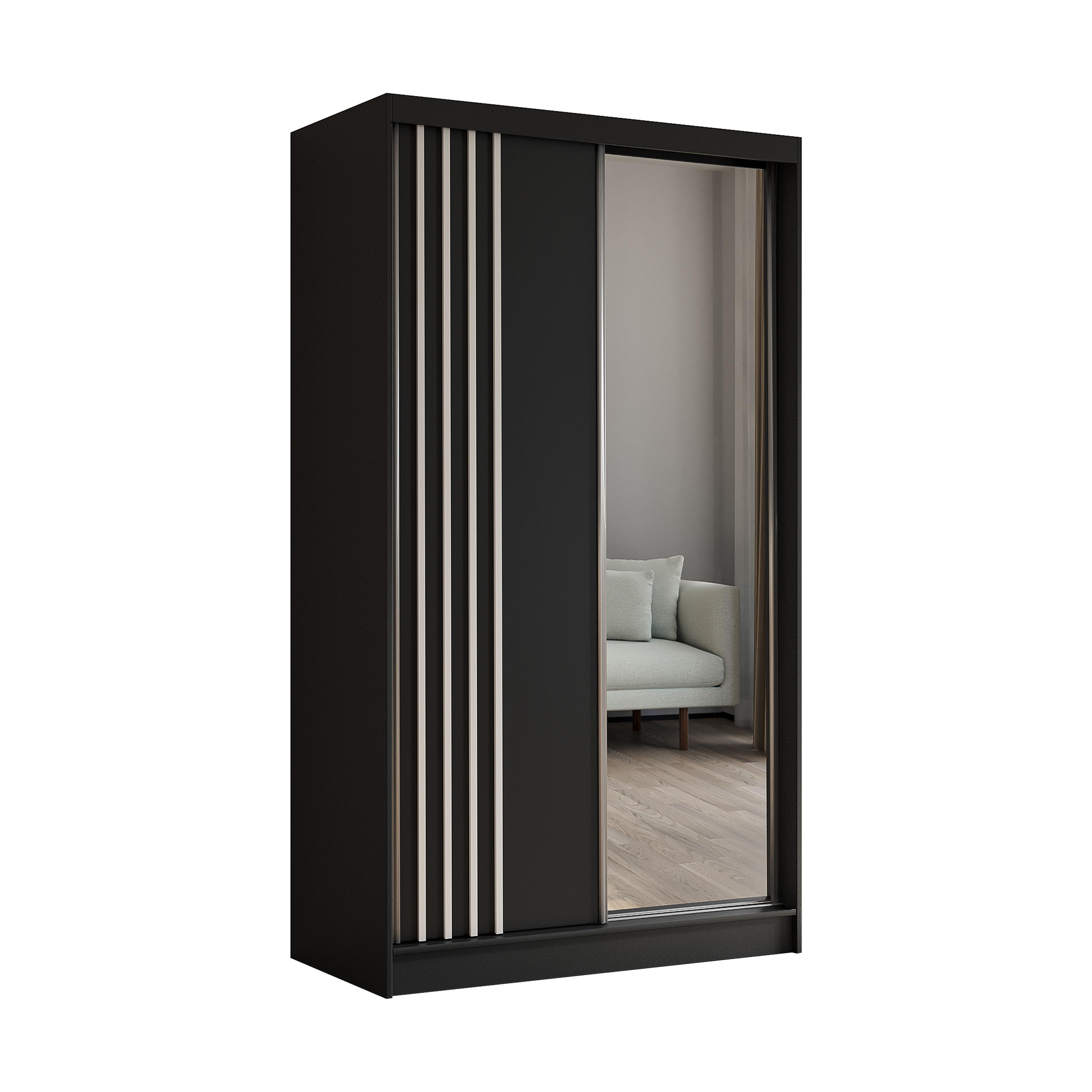 KLEIDERSCHRANK mit Spiegel-Schiebetüren und Aluminium-Leisten - NALLA - 120 cm Schwarz+Schwarz+Weiß - Schwarz/Weiß, Holzwerkstoff (120/216/61cm) - ALTDECOR
