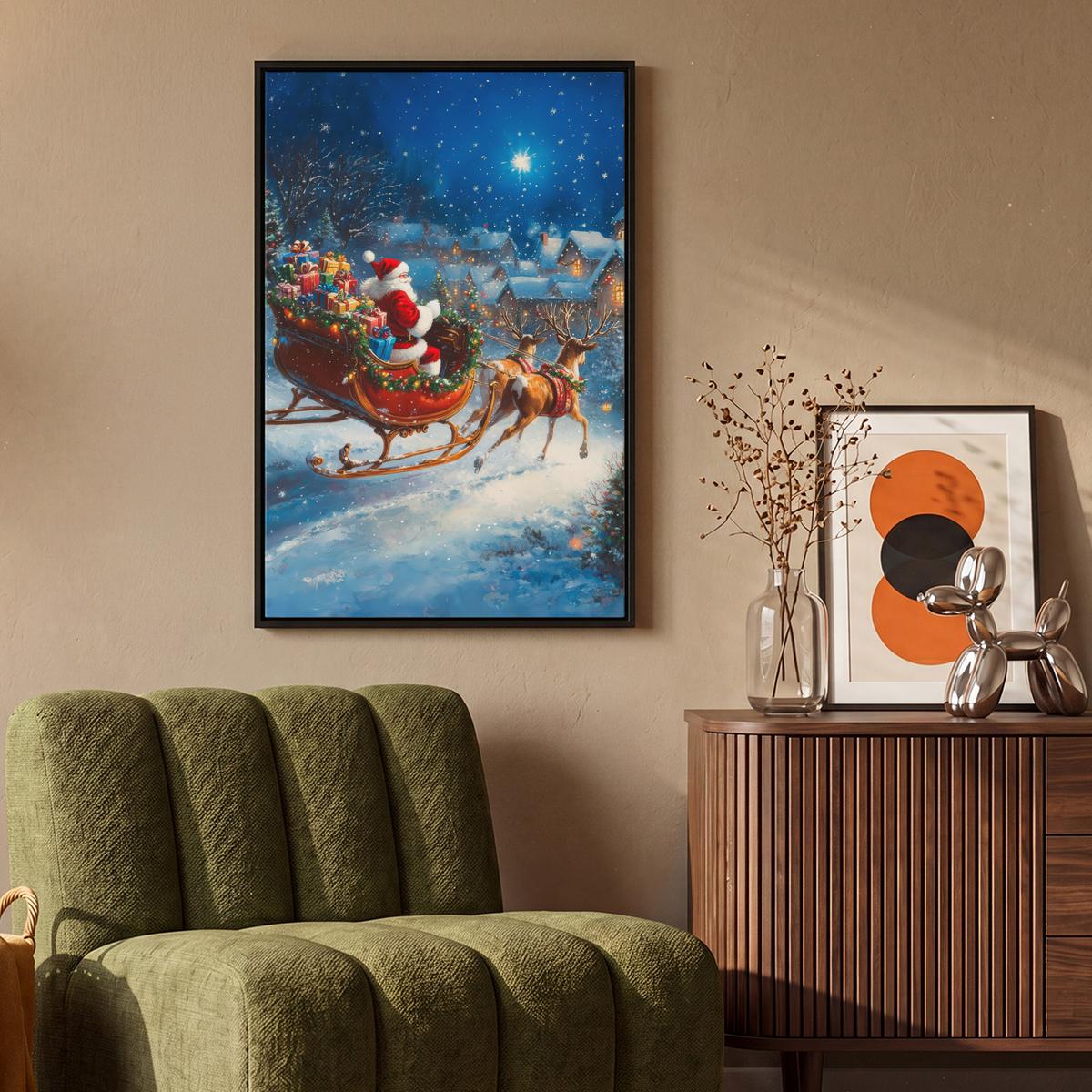 LEINWAND Bilder mit Rahmen - Weihnachtsmann - Rentier - Weihnachten - Schnee - 60x90 - Cognac, Textil (60/90cm) - MuchoWow