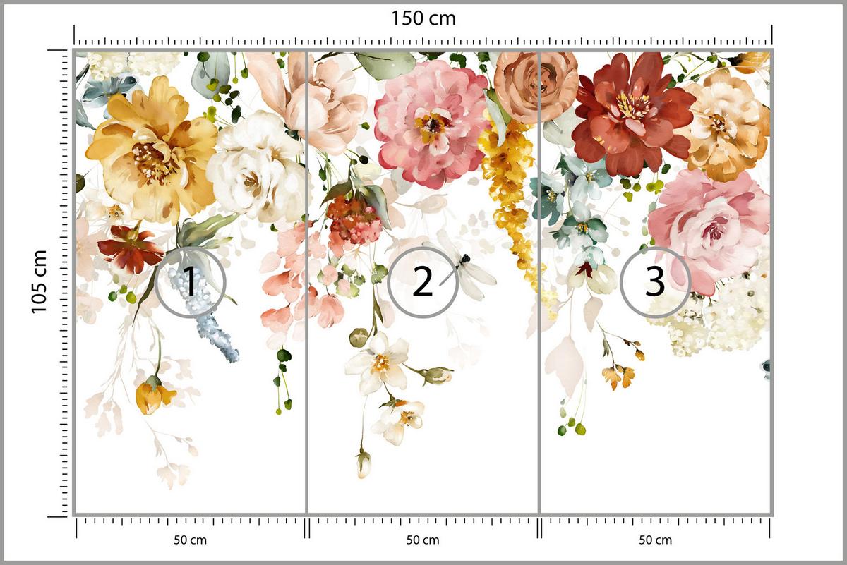 FOTOTAPETE für Schlafzimmer Aquarell Bunte Blumen Ranken Blätter 150x105 - Gelb/Rot, Papier (150/105cm) - Muralo