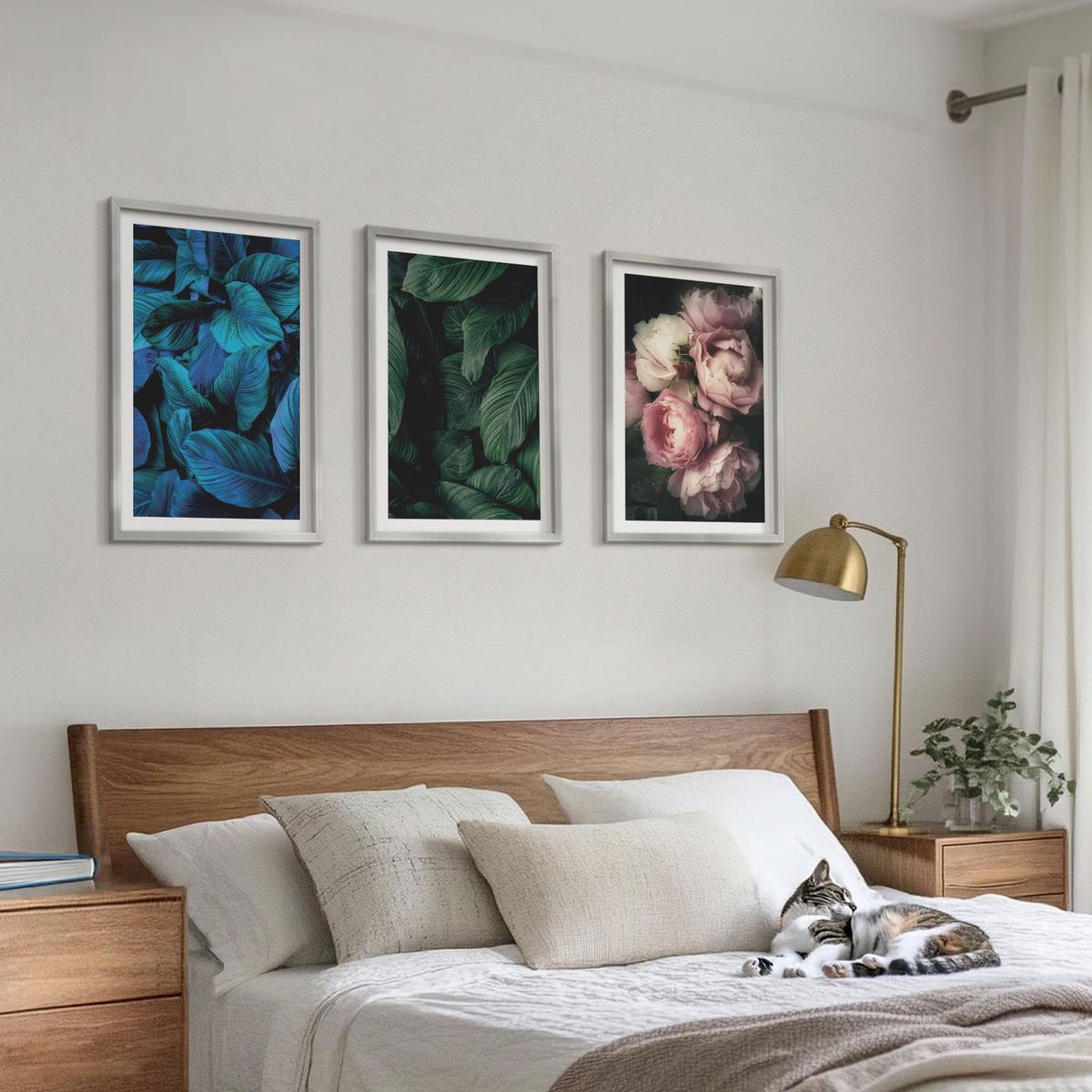 BILDER SET 3er Set - 40x60 cm Silberner Rahmen - Blätter, Blüten, verschiedene Farben - Silberfarben, Kunststoff (40/60cm) - TULUP