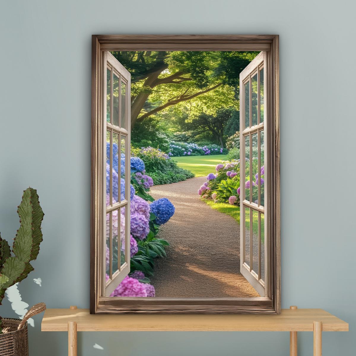 LEINWANDBILD Aussicht - Garten - Fenster - Hortensie - Blumen Wanddeko 40x60 cm - Pastellblau, Textil (40/60cm) - MuchoWow