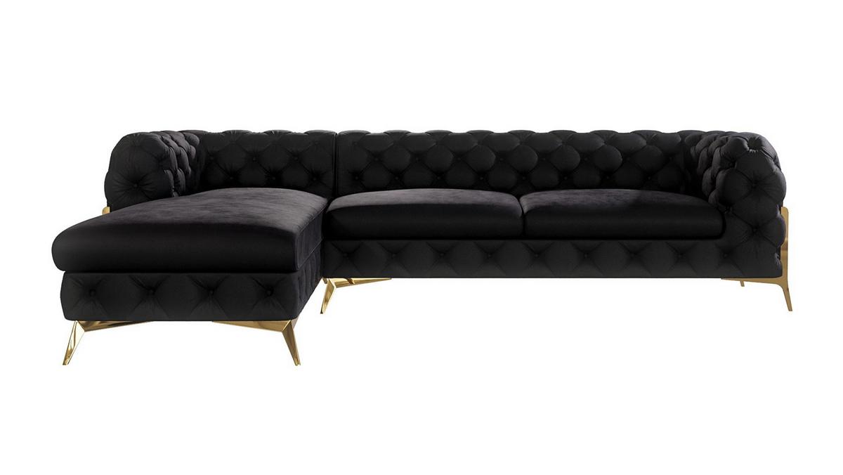 ECKSOFA Chesterfield Lexi Schwarz Samt, Ottomane links - Goldfarben/Schwarz, Holz/Textil (305/200cm) - S-Style Möbel