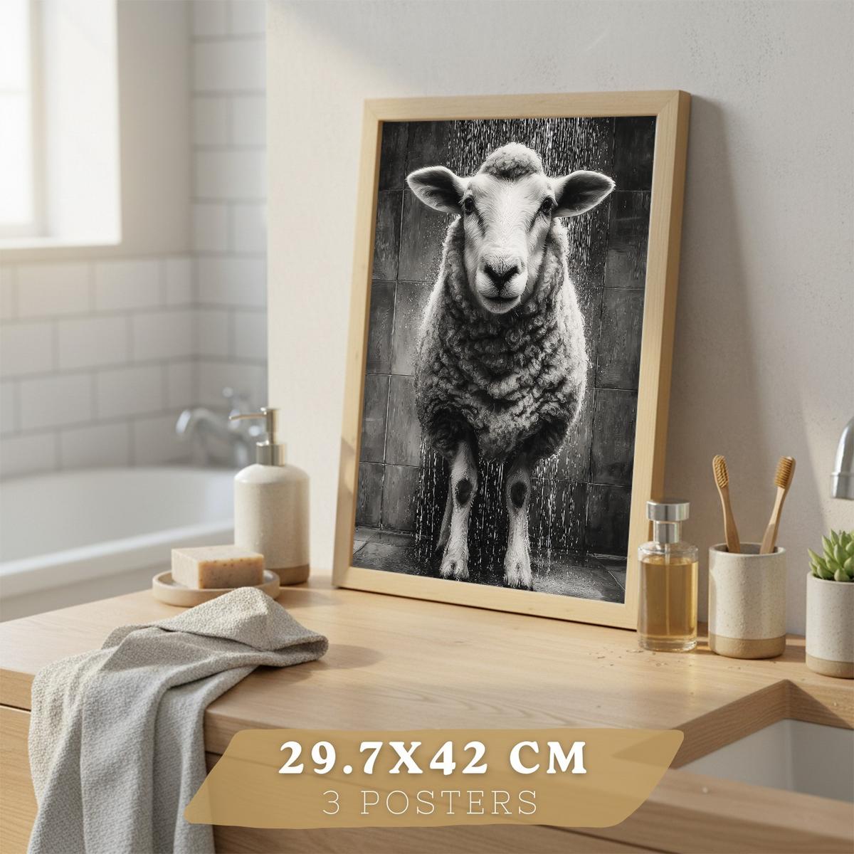 POSTER 3er-Set lustige Schwarz-Weiß-Drucke, Tiere im Badezimmer-Poster, witzige WC-Dekoration für Toilette, Vintage-Stil Leichter Holzrahmen A3 - Beige, Papier (42/29.7/3cm) - Nacnic