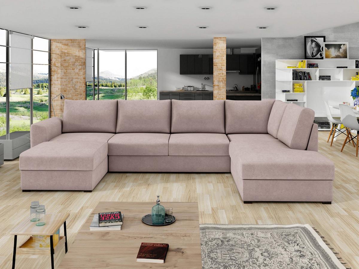 WOHNLANDSCHAFT Wilma Premium, Seite: Rechts - Hellrosa/Schwarz, Holz/Textil (305/85/188cm) - MIRJAN24