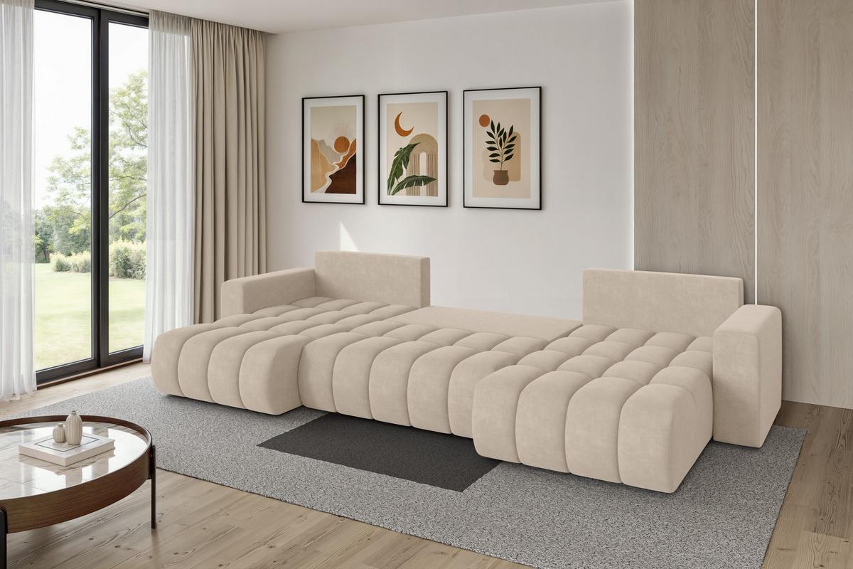 WOHNLANDSCHAFT mit Schlaffunktion und Bettkasten MILA-U-v1 378x194x86 Beige Velours - Schwarz/Sahara, Holzwerkstoff/Kunststoff (378/86/194cm) - ALTDECOR