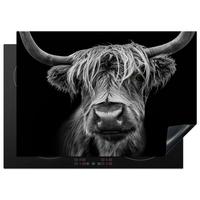 HERDABDECKPLATTE Schottischer Highlander - Hörner - Schwarz - Weiß - Kuh - Wild - Tiere Herdabdeckung Induktionsfeld 75x52 cm - Schwarz, Kunststoff (75/52/0.2cm) - MuchoWow