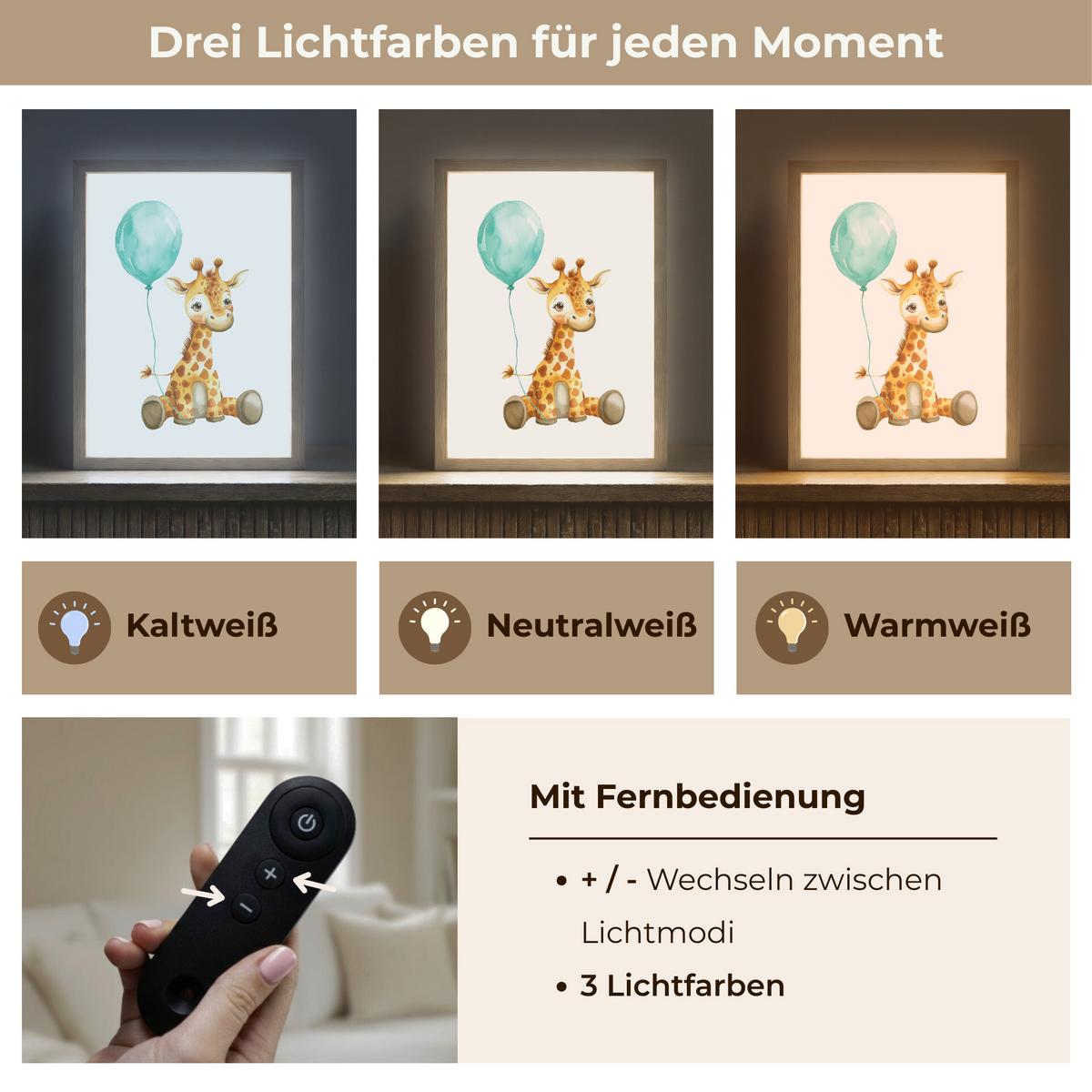 WANDLEUCHTE MIT AKKU Giraffe - Baby - Tiere - Blauer Ballon 30x40 cm - Weiß, Holzwerkstoff (30/40/8cm) - OnlyWow