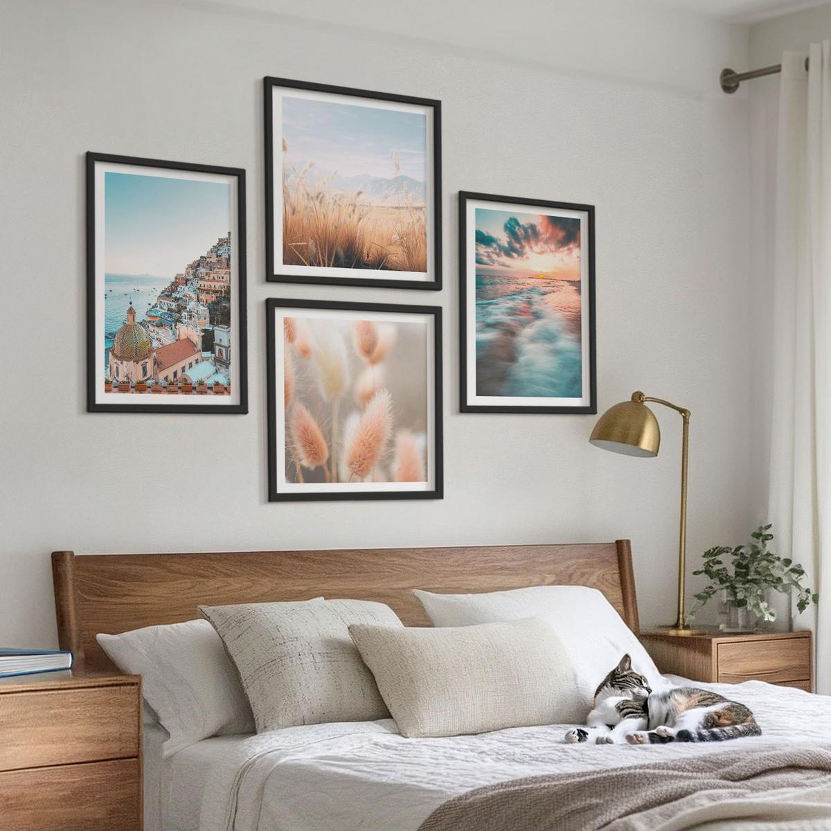 BILDER SET 4er Set - 50x50 cm & 40x60 cm Schwarzer Rahmen - Sonnenuntergang am Meer, Häuser, Blumen - Schwarz, Kunststoff (50/50cm) - TULUP