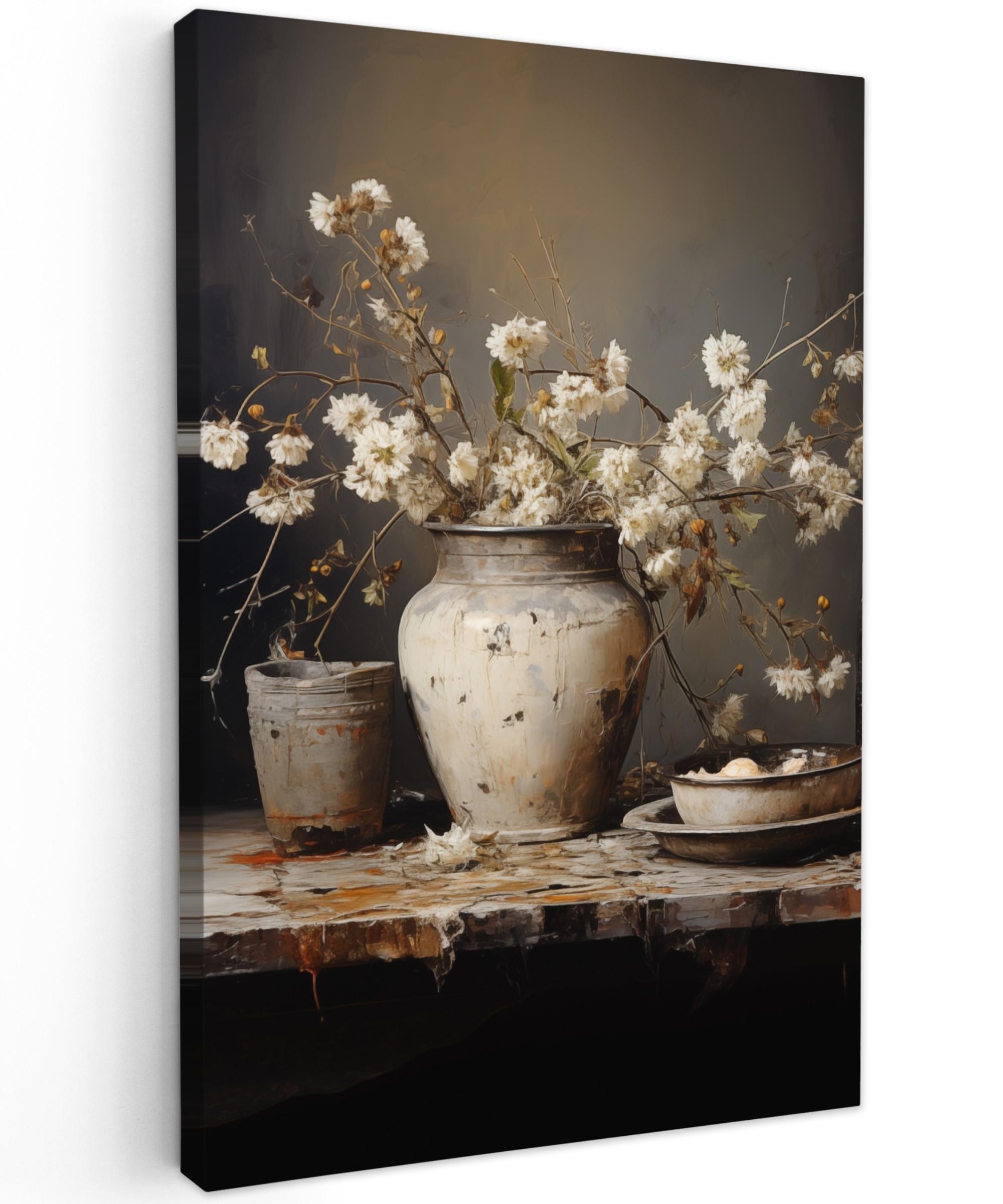 LEINWANDBILD Stilleben - Blumen - Blumenstrauß - Vase - Wein Deko XXL 80x120 cm - Schwarz, Textil (80/120cm) - MuchoWow