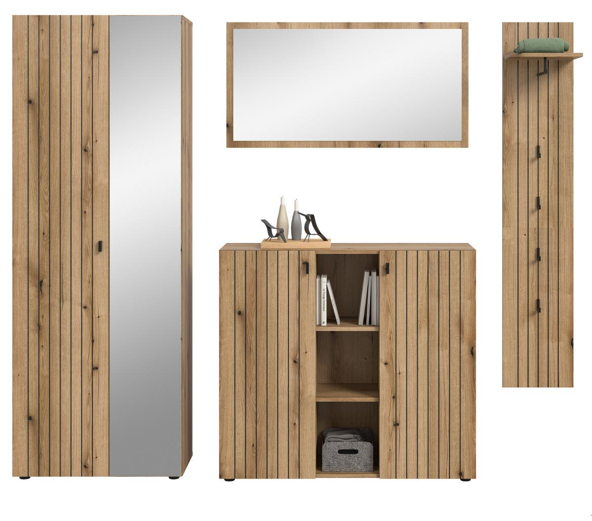 GARDEROBEN-SET Evoke Eiche 4-teilig 237 cm, Garderobenkombination mit viel Stauraum - Schwarz/Eiche Artisan, Glas/Holzwerkstoff (237/182/37cm) - Inn.Furn