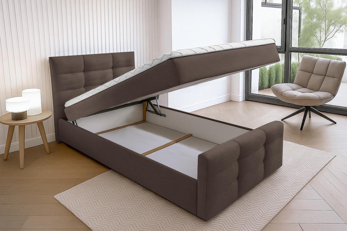 BOXBETT ARGENTARO 90x200 cm mit Bettkasten und Matratze - Braun + TOPPER - Schwarz/Braun, Holz/Holzwerkstoff (90/200cm) - AX Living