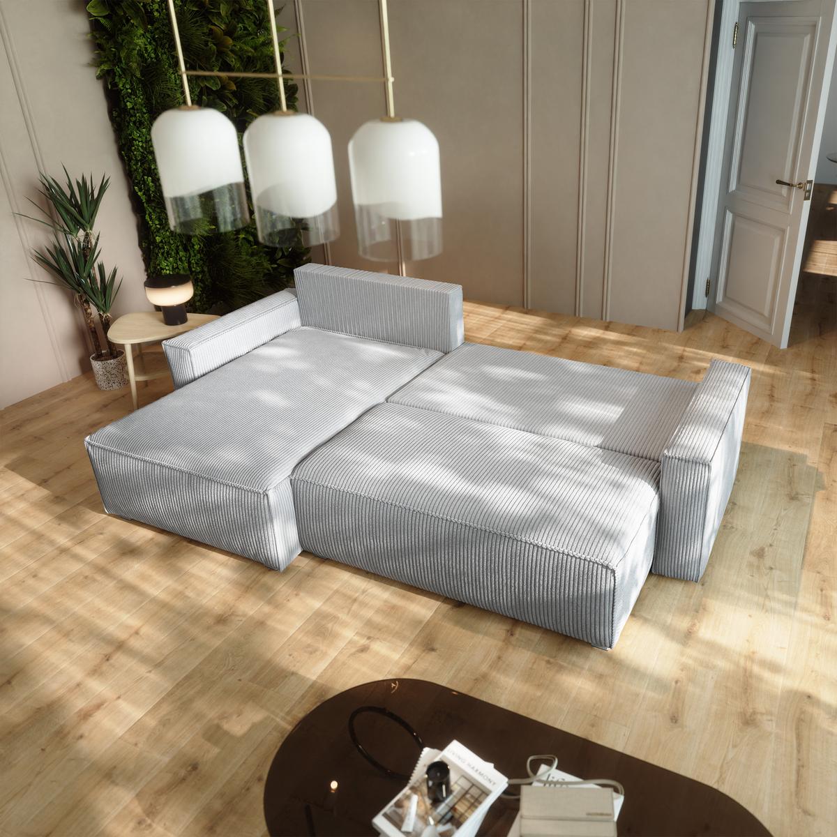 ECKSOFA BESMIR Hellgrau Kordstoff mit Schlaffunktion - Hellgrau, Holz (275/148cm) - MASSENO