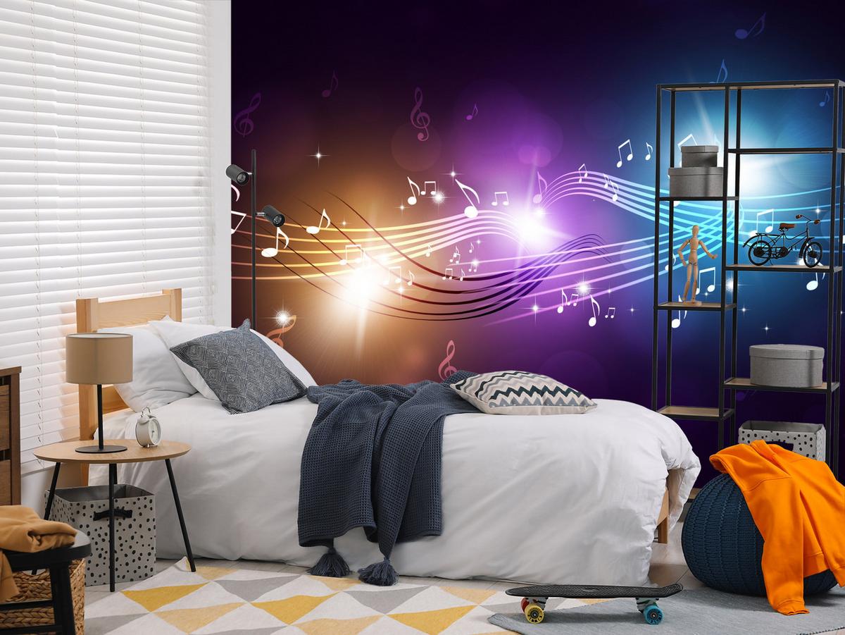 FOTOTAPETE für Jugendzimmer Noten Buntes Hintergrund Musik 450x315 - Blau/Gelb, Papier (450/315cm) - Muralo