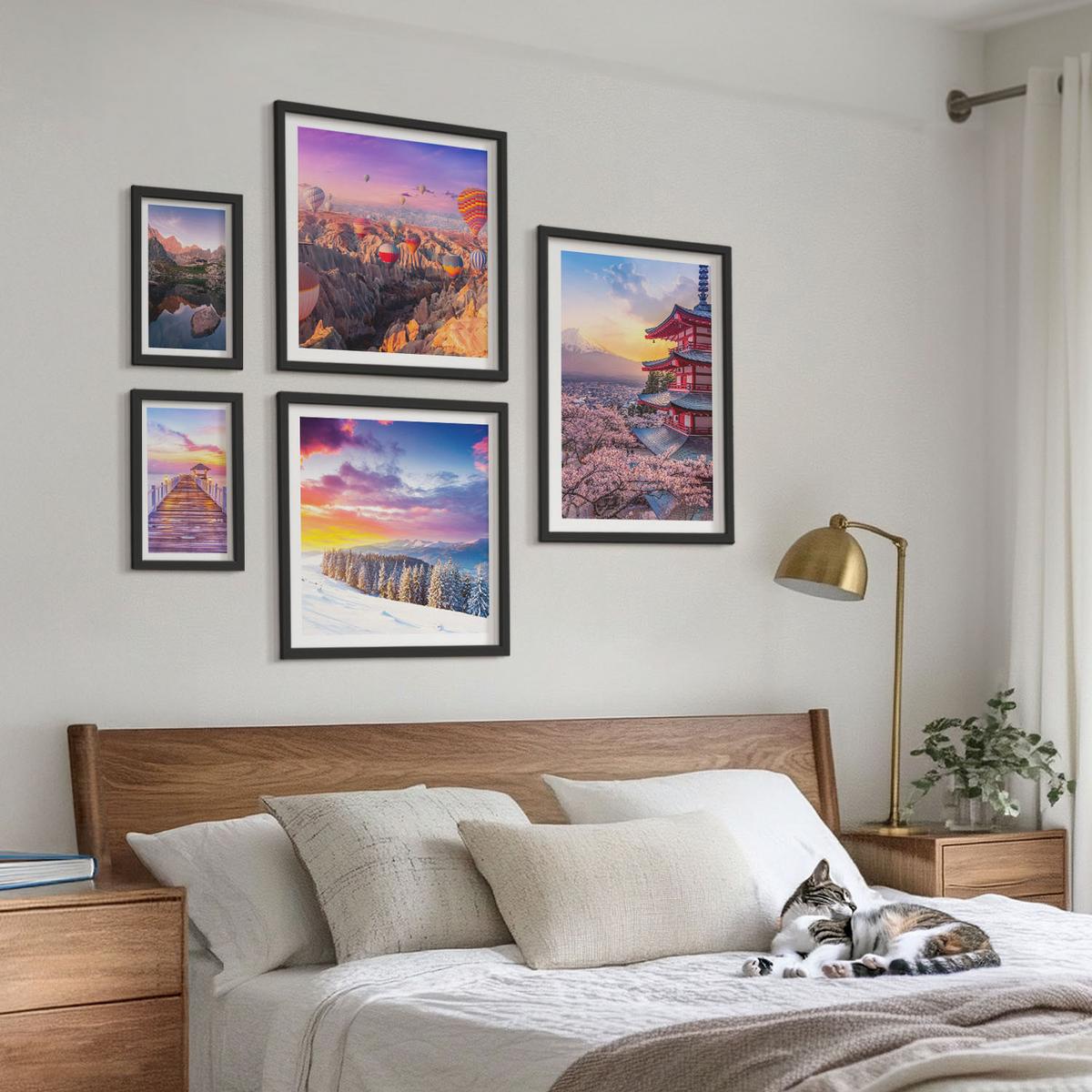 BILDER SET 5er Set - 50x50 cm & 20x30 cm & 40x60 cm Schwarzer Rahmen - Romantische Himmelslandschaften - Schwarz, Kunststoff (40/60cm) - TULUP