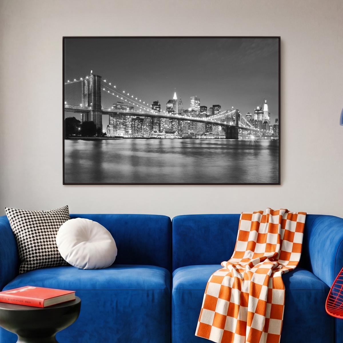 LEINWAND Bilder mit Rahmen - New York - Brücke - Brooklyn - Schwarz und weiß - Architektur - 90x60 - Schwarz, Textil (90/60cm) - MuchoWow