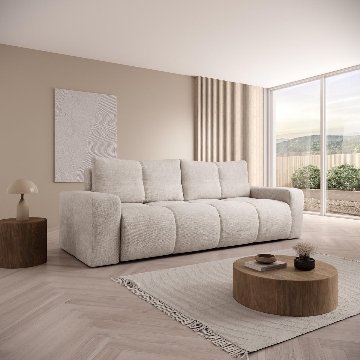 BETTSOFA DUCA Beige Jersey- Stoff mit Schlaffunktion - Beige, Holz (259/90/99cm) - MASSENO