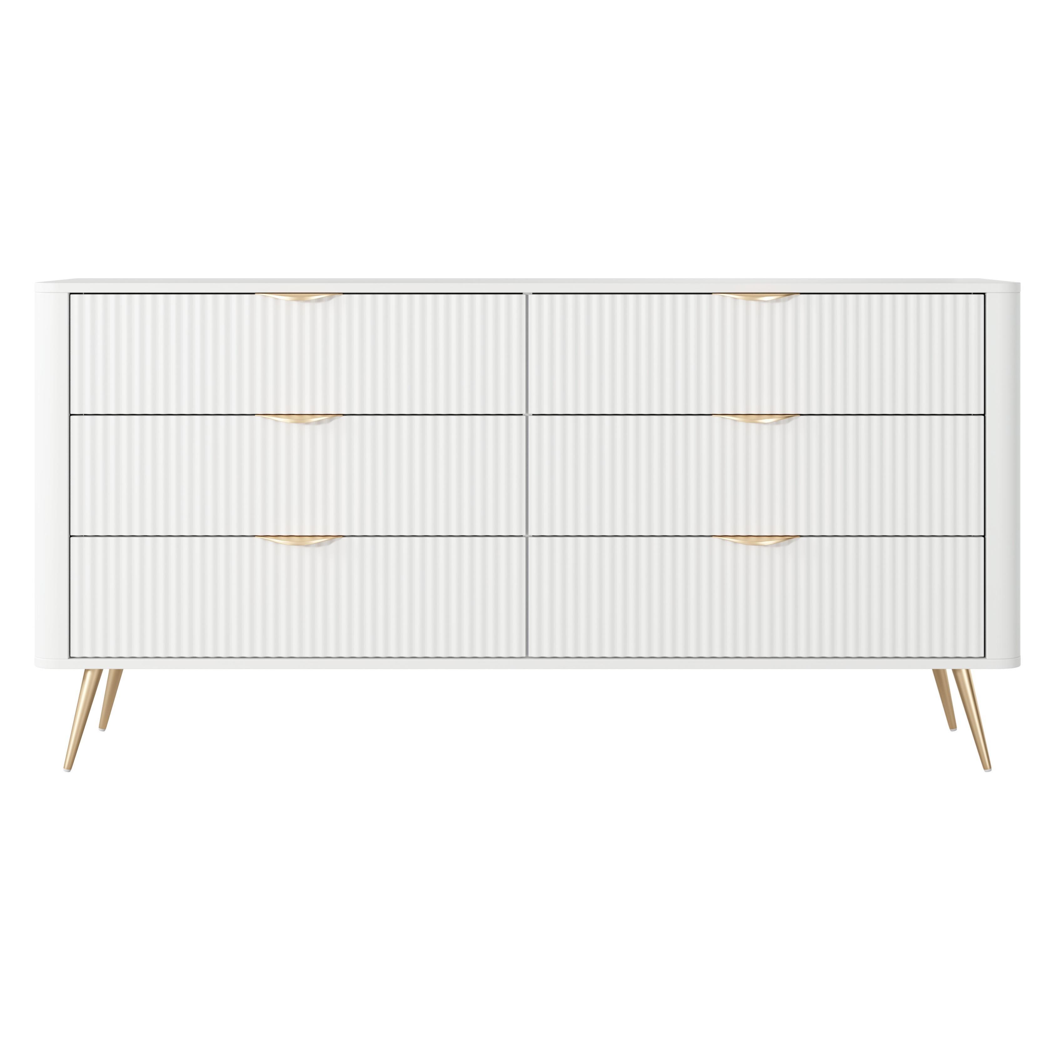 SIDEBOARD Vespasia 6S Beige 163,2/81,2/38 cm – Geriffelte Fronten - Goldfarben/Weiß, Holzwerkstoff/Metall (163/81.2/38cm) - AX Living