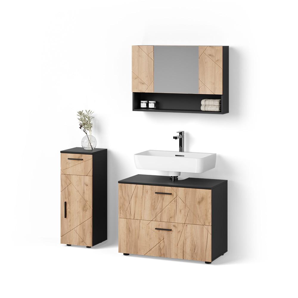 BADMÖBEL-SET Ronco Goldkraft Eiche/Anthrazit 3 Teile, mit Schubladenschrank und Midischrank - Honigeiche/Anthrazit, Holzwerkstoff (41/80/58cm) - Livinity®