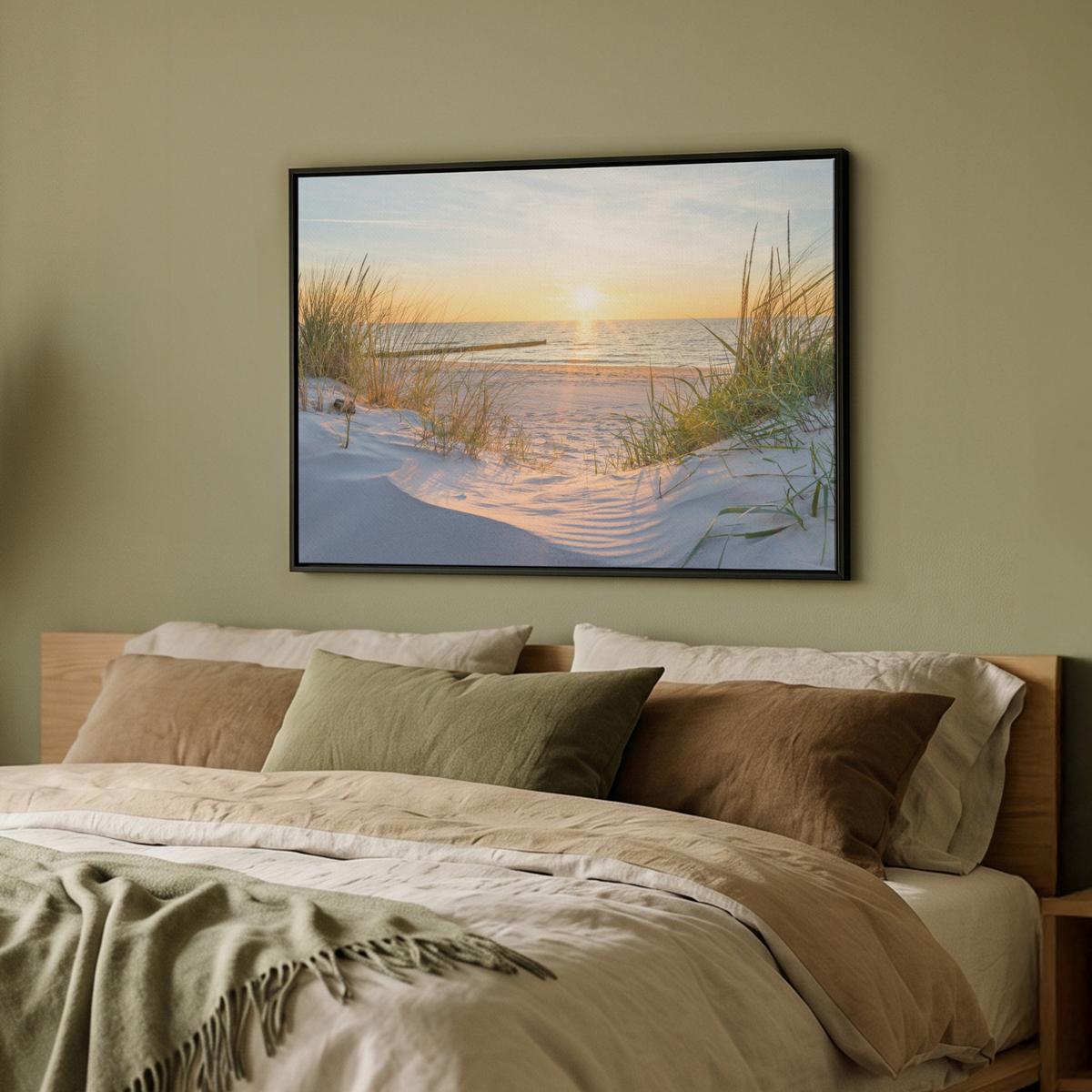 LEINWAND Bilder mit Rahmen - Strand - Sonne - Düne - Gras - Sand - Horizont - 80x60 - Hellblau, Textil (80/60cm) - MuchoWow