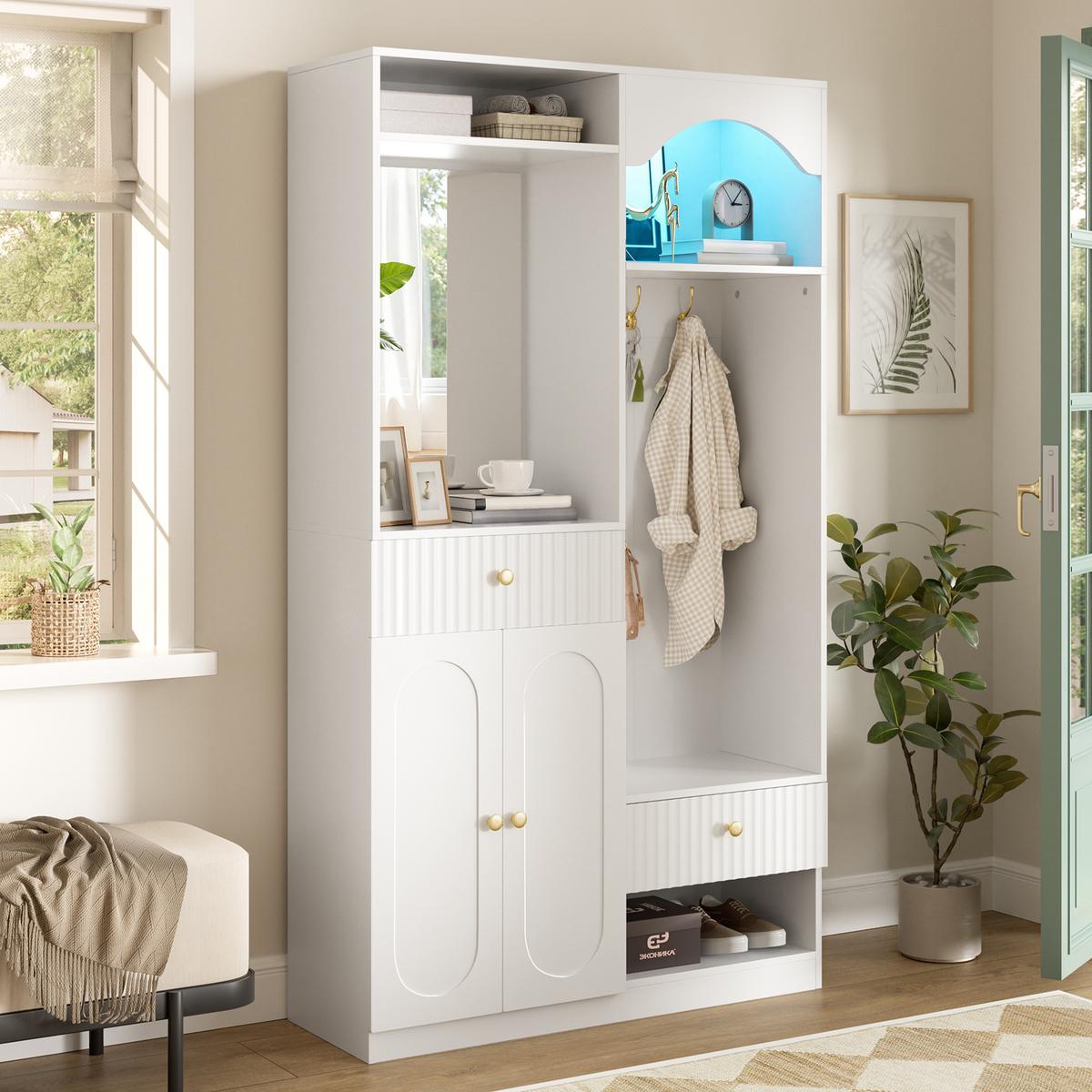 GARDEROBE 100cm Weiß mit LED, Spiegel, Schuhschrank & Sitzbank - Weiß, Holzwerkstoff (100/180/35cm) - Urban Meuble