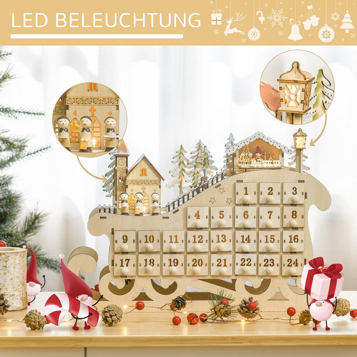 ADVENTSKALENDER Weihnachtskalender 24 Schubladen mit LED Schlitten-From - Naturfarben, Holz (10/31/45cm) - HOMCOM