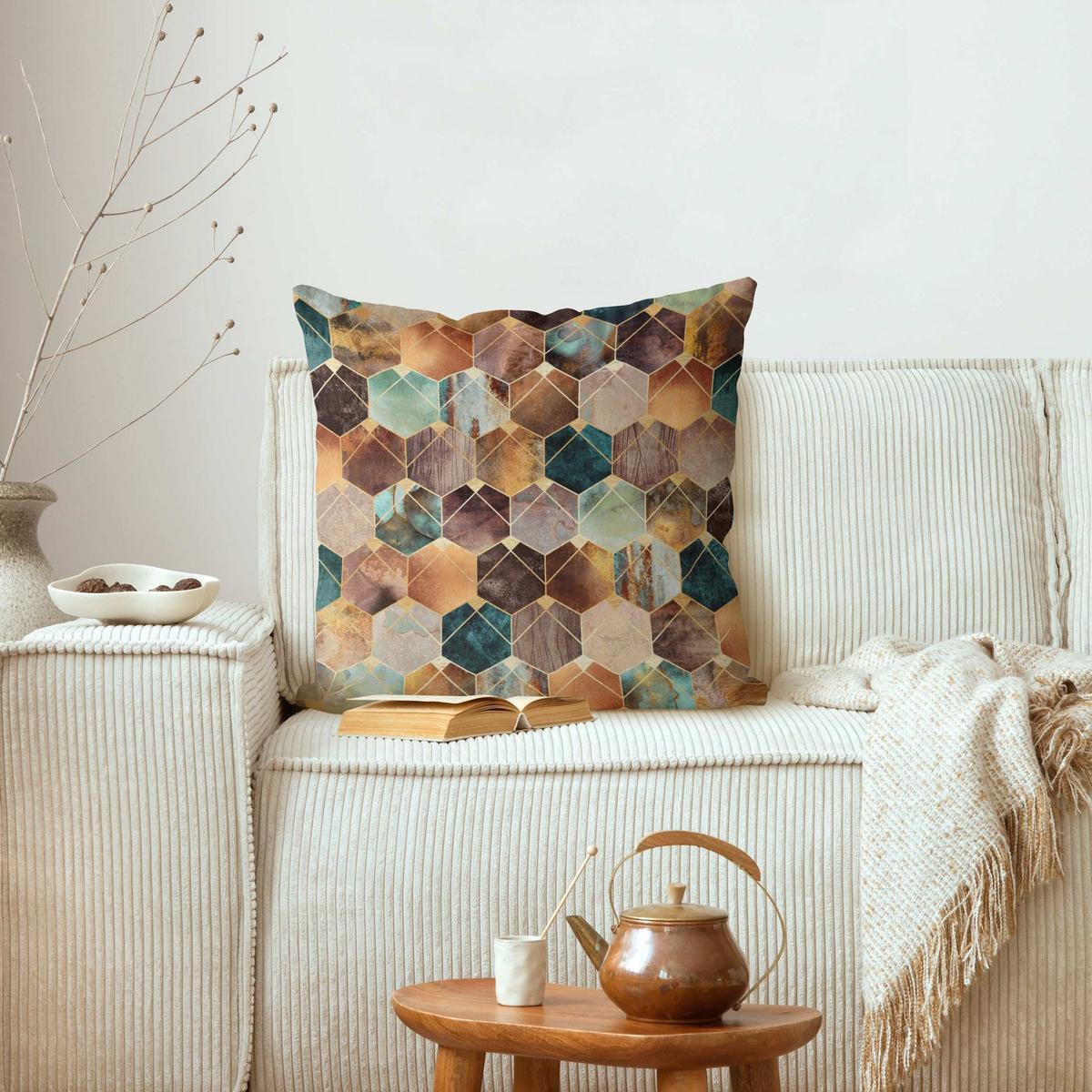 DEKOKISSEN Türkise Geometrie goldenes Art Deco 40/40 cm - Goldfarben, Textil (40/40/10cm) - Bilderwelten