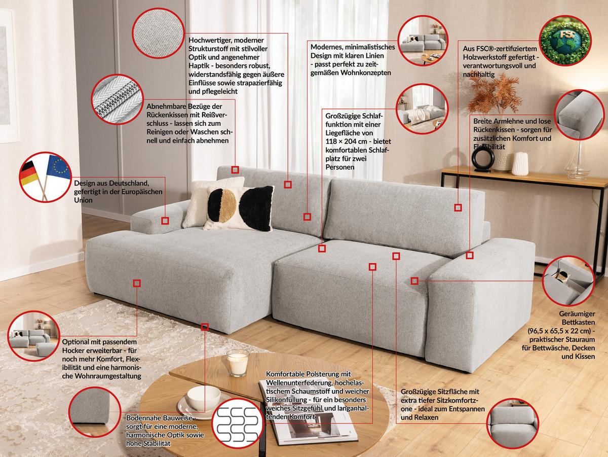 ECKSOFA inkl. Hocker Lennon aus Beige Strukturstoff mit Schlaffunktion und Bettkasten - Beige/Schwarz, Holz/Kunststoff (137/264cm) - S-Style