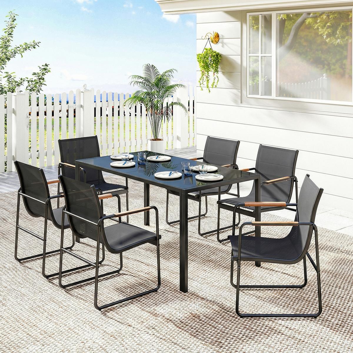 GARTENGARNITUR 7 TLG. Atmungsaktive Stühle Schwarz - Schwarz/Teakfarben, Metall - Outsunny