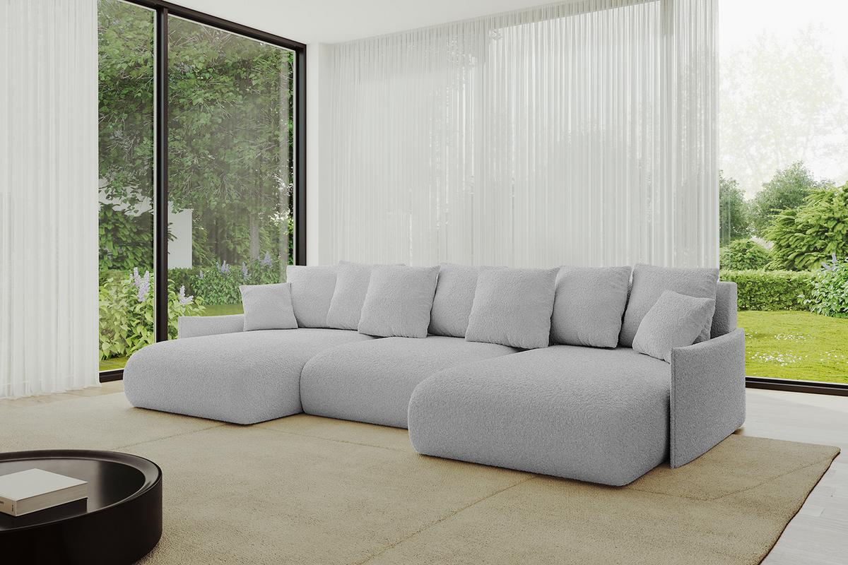 WOHNLANDSCHAFT mit Schlaffunktion und Bettkasten ONESK-U-v1 317x177x72 Hellgrau Bouclé - Hellgrau, Holzwerkstoff/Kunststoff (317/72/177cm) - ALTDECOR