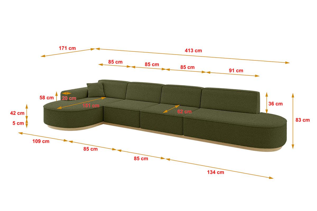 ECKSOFA Ottomane Links MARI-L3-v2 - 413x171x83 cm Grün Bouclé - Grün, Holzwerkstoff/Textil (413/171cm) - ALTDECOR