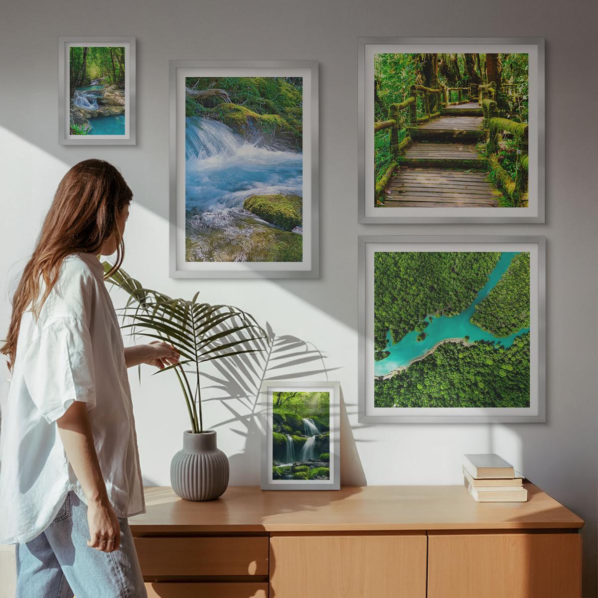 BILDER SET 5er Set - 50x50 cm & 20x30 cm & 40x60 cm Silberner Rahmen - Grüne Berge, Flussfelsen - Silberfarben, Kunststoff (40/60cm) - TULUP