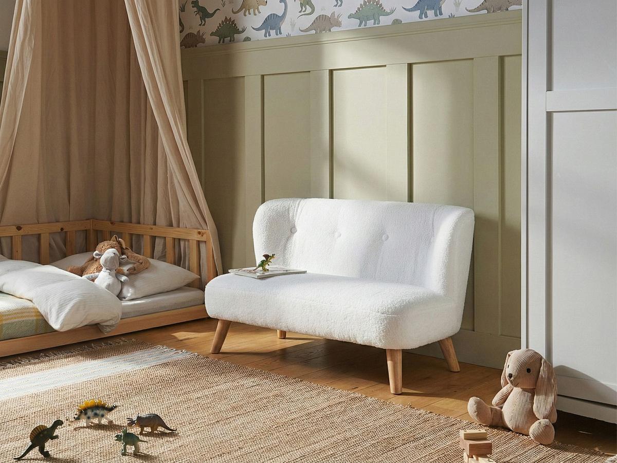 KINDERSOFA Bouclé Weiß Lote - Hellbraun/Weiß, Textil (94/59/57cm) - Beliani
