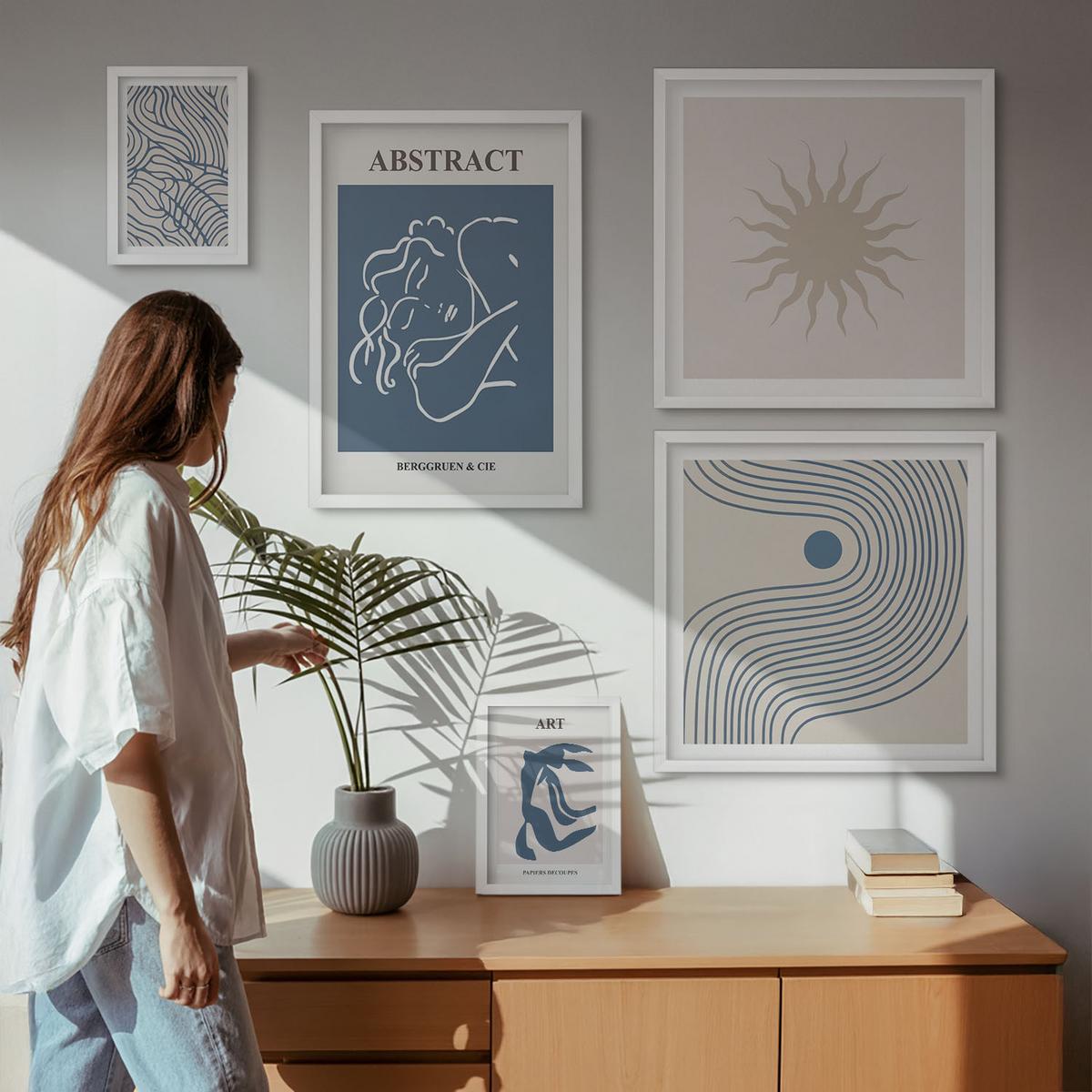BILDER SET 5er Set - 50x50 cm & 20x30 cm & 40x60 cm Weißer Rahmen - Matisses stilvolle abstrakte Muster - Weiß, Kunststoff (40/60cm) - TULUP
