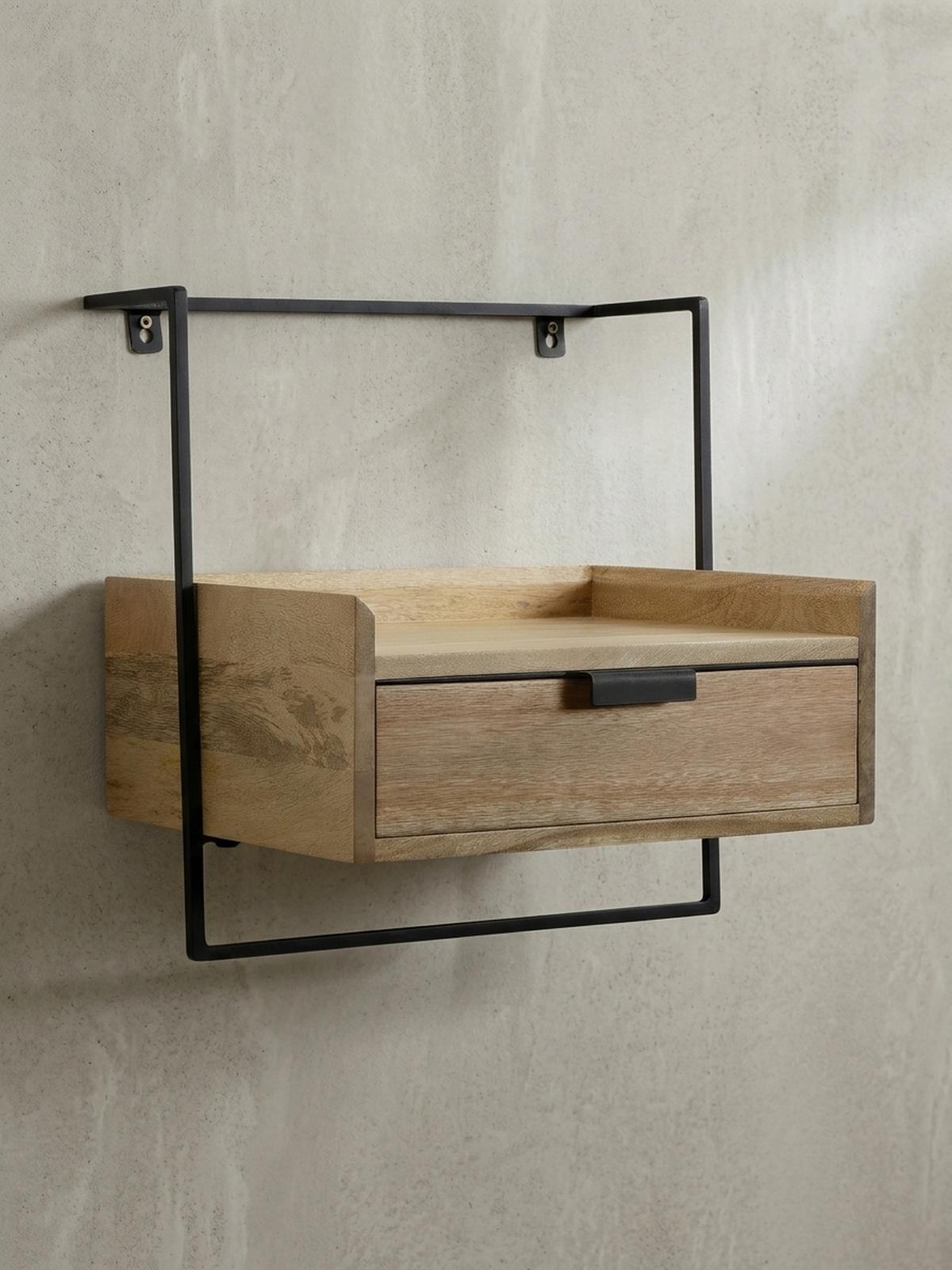 NACHTTISCH Mango Massivholz Wandmontage Schublade Boxspringbett, Beige 44x35x45 cm - Beige/Schwarz, Holz/Metall (44/45/35cm) - KADIMA DESIGN