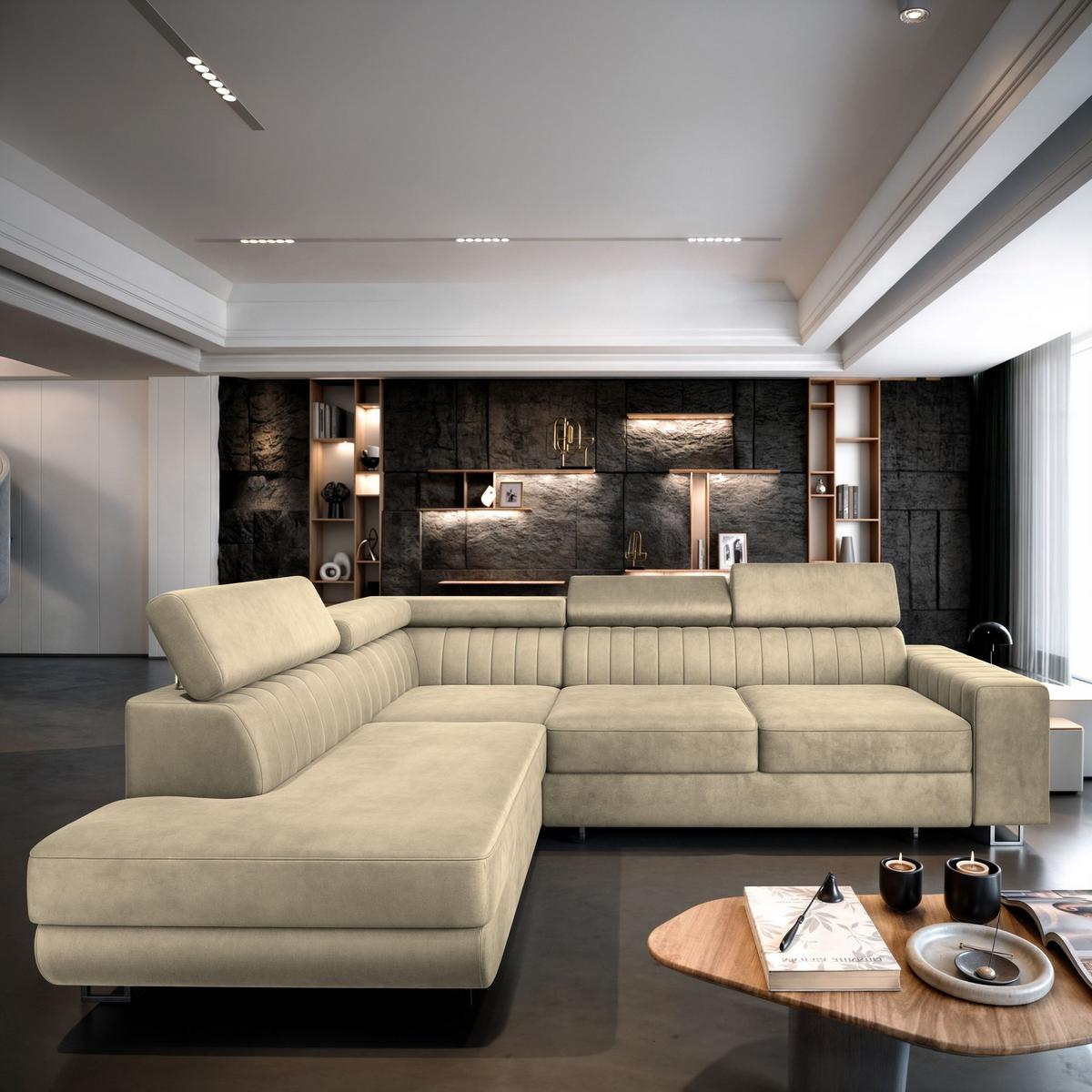 ECKSOFA NOLA L-S Creme Velours-Stoff mit Schlaffunktion - Silberfarben/Creme, Holz/Textil (253/190cm) - MASSENO