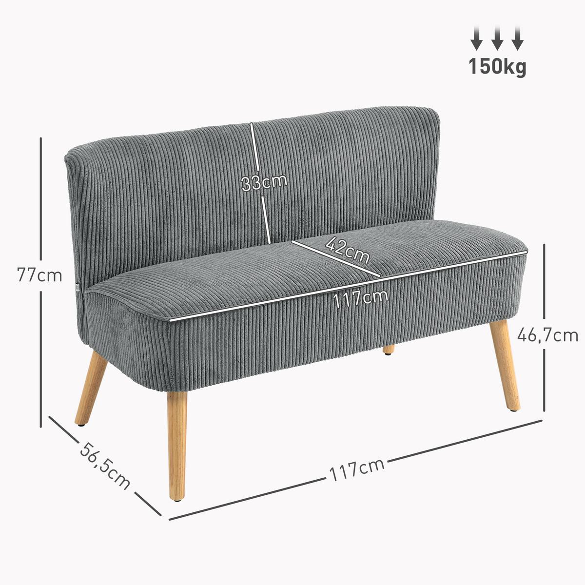 2 Sitzer Sofa, Gepolsterte Couch mit Kordoptik, Holzbeine für Wohnzimmer, Grau - Hellgrau/Naturfarben, Holz/Textil (56.5/77/117cm) - HOMCOM