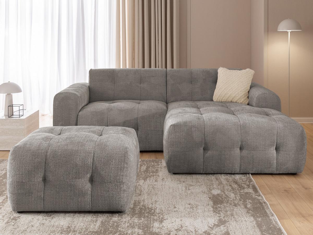 ECKSOFA inkl. Hocker Kozy im Bumpy-Design mit Schlaffunktion und fester Rückenlehne aus weichem Taupe Chenille-Stoff - Ottomane rechts - Taupe/Schwarz, Holz/Kunststoff (234/161cm) - S-Style