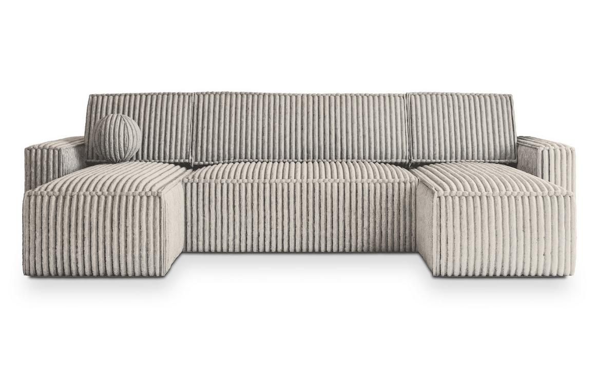 WOHNLANDSCHAFT PESANO T Hellgrau Kordstoff mit Schlaffunktion - Champagner/Grau, Holz/Kunststoff (306/85/140cm) - MASSENO