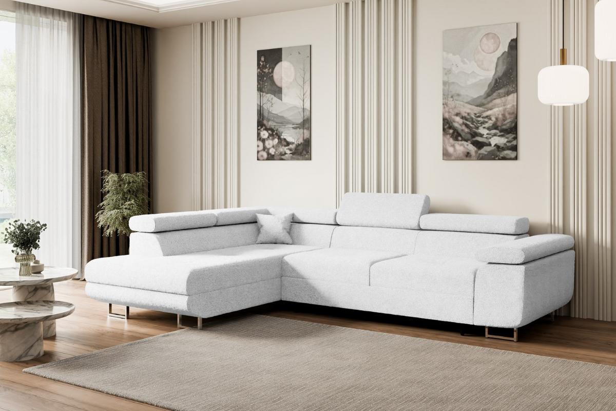 ECKSOFA mit Schlaffunktion und Bettkasten GUSA-L 272x202x107 cm Weiß Bouclé - Silberfarben/Weiß, Holzwerkstoff/Textil (202/272cm) - ALTDECOR