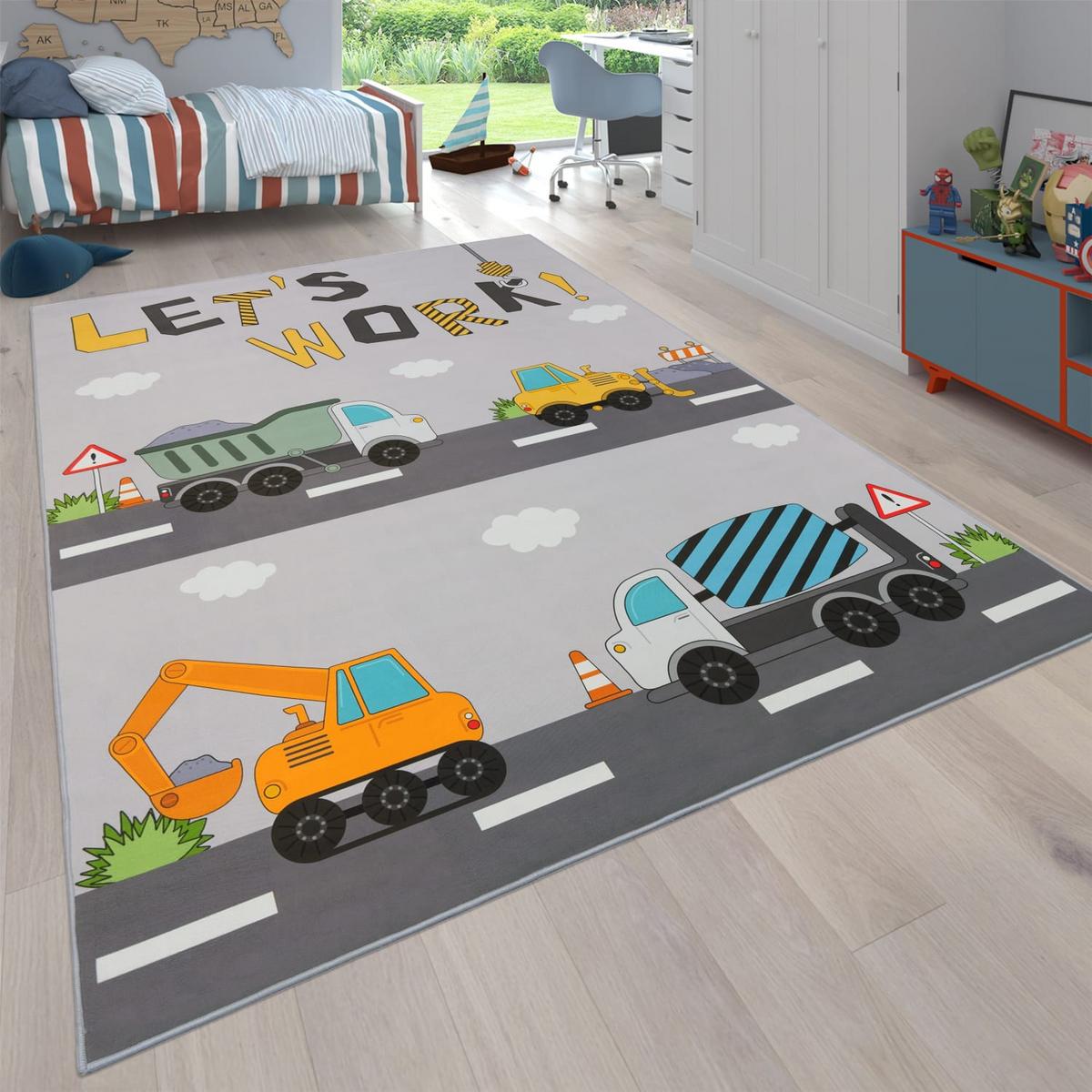 KINDERTEPPICH Waschbar, mit Baustellenfahrzeug-Motiv, Grau, 80 x 150 cm - Grau, Textil (150/80cm) - KADIMA DESIGN